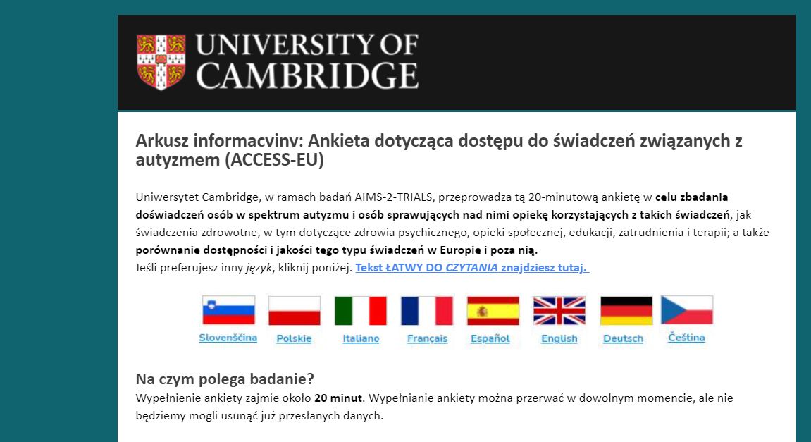 Strona badania uniwersytetu w Cambridge
